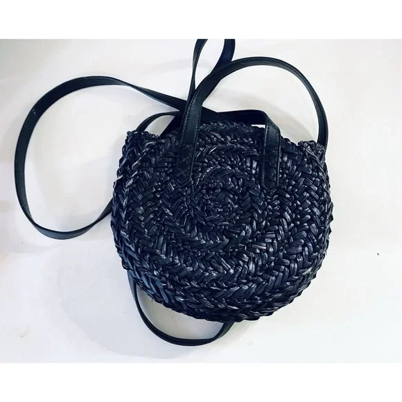 Billabong Braided Woven Circle Lined Bag Black Natural Beach Boho Hippy - Picture 3 of 5